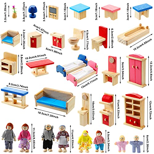 Sumind 35 Pcs Wooden Dollhouse Furniture with 8 Family Figures, Montessori Educational Wood Dolls House Accessories for 1:12 Scale, Preschool Imaginative Play Kit for Girls and Boys - style: Classic Style