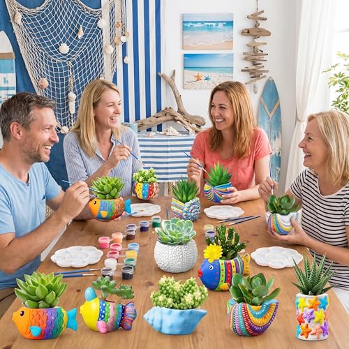 Hushee 12 Sets Ceramic Succulent Pots to Paint with Drainage - color: Sea Animals