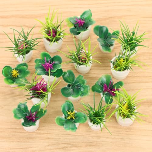 16pcs Miniature Garden Plant Set White Potted Plants Tiny Flower Vase Bouquet Fairy Accessories Mini Artificial Plant Pots Floral Figurines