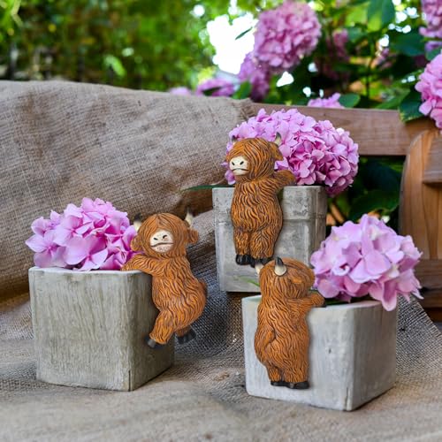 3 Pcs Highland Cow Figure Plant Pot Hanger, Resin Climbing Flower Figurine