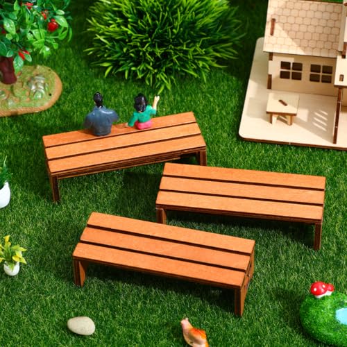 Sewroro 3pcs Miniature Wooden Bench Set - Mini Dollhouse Furniture Chair - Bonsai Landscape Accessory, Photography Stool Prop for Fairy Garden and Micro Scenes