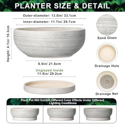 13 Inch Ceramic Bonsai Pots with Saucer, Brushed Grey - color: Brushed Grey, size: 13 Inch