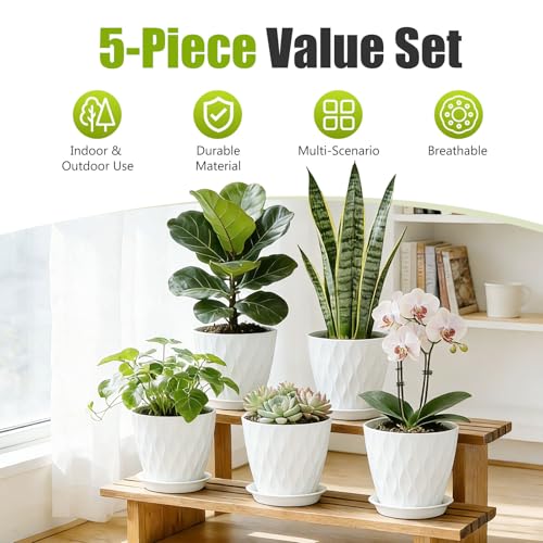 8 Inch Plastic Plant Pots,Set of 5 Flower Pots,Planters with Drainage Holes & Saucers, Indoor Outdoor Garden Pots for Home Decor(White) - color: White