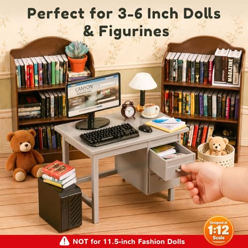1:12 Scale Mini Desk Set with 100 Mini Books & 2 Bookshelves — Miniature Dollhouse Furniture Set with Office Chair, Computer & 15+ Accessories — Mini Desk Accessories for Doll House Diorama - color: Vintage Brown