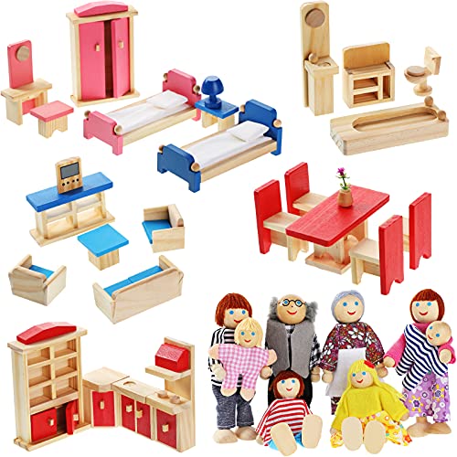 Sumind 35 Pcs Wooden Dollhouse Furniture with 8 Family Figures, Montessori Educational Wood Dolls House Accessories for 1:12 Scale, Preschool Imaginative Play Kit for Girls and Boys - style: Classic Style