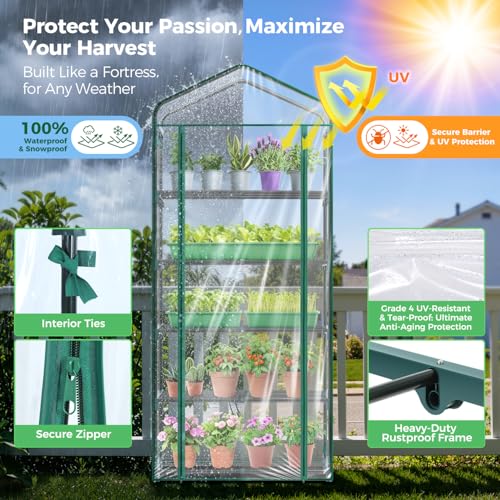 Mini Greenhouse for Outdoors Indoor: Ohuhu 23 x 19 x 75-Inch Small Plants Green House with 5 Tier Shelves, Portable Plastic Greenhouses with Heavy Duty Clear PVC Cover for Garden Patio Porch Balcony - color: Clear, size: 5 Tier Single Layer Roof
