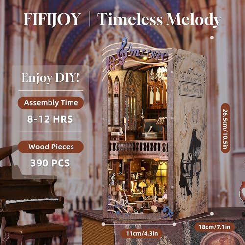 fifijoy Book Nooks, DIY Miniature Book Nook Kit Music, 3D Wooden Puzzle Bookends for Bookshelf Insert Decor with Led Light for Teens and Adults (Timeless Melody) - color: Timeless Melody