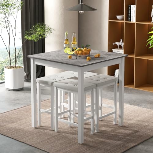 Giantex Dining Table Set for 4, Counter Height Dining Set with 4 Bar Stools, Space-Saving Kitchen Table Chairs Set for Small Place, Dinette, Breakfast Nook (White) - color: White
