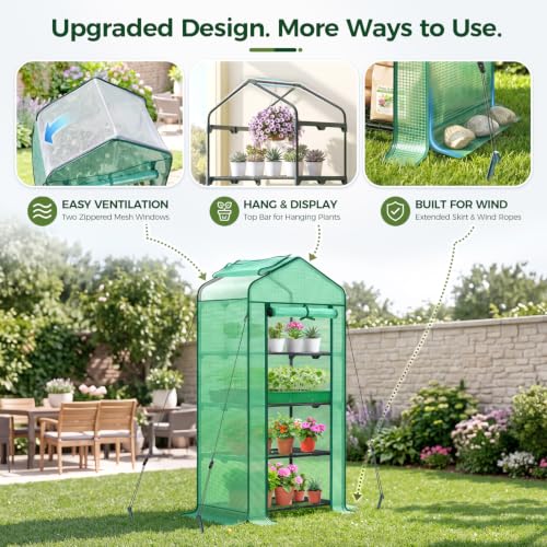 Mini Greenhouse with Screen Roof, Ohuhu Upgraded Portable 4 Tier Small Greenhouses for Outdoors Indoor with Reelable Door, Heavy Duty Plastic Green House for Outside Garden Patio Yard Porch Balcony - color: Green, size: 4 Tier Dual Layer Roof