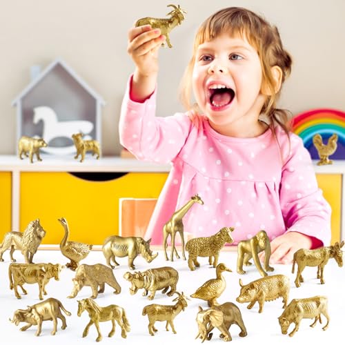 24pcs Gold Animal Figurines Toys, Plastic Safari & Farm Animals Figures, Miniature Zoo Jungle Animals for Cake Toppers Birthday Gift Party Decoration