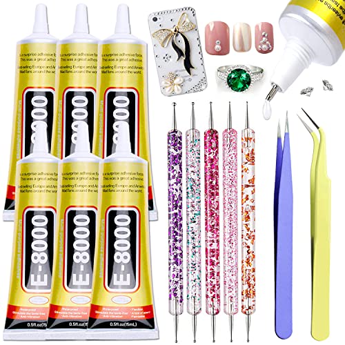 E8000 Clear Super Glue for Jewelry Making, 6 X 15ML E-8000 B7000 Glue Rhinestone Metal Fabric Glue, Adhesive Glue for Phones Repair Jewelry Bead Wood Crafts with Dotting Pens and Tweezers - color: 6pcs x 15ml Clear Super Gel