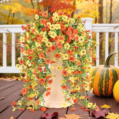 Artificial Fall Flowers for Outdoors UV Resistant Orange Fake Mums Decor - color: Orange Yellow