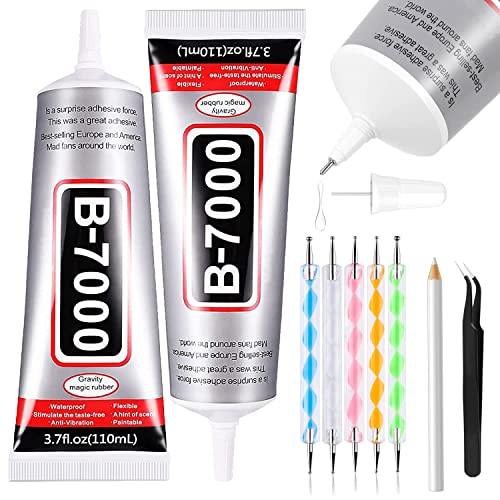 B7000 Adhesive Rhinestones Glue for Crafts, 2PCS 110ml / 3.7 fl oz with 5 Dotting Pen Tool, Wax Pencil and Tweezer, Jewelry Glue for DIY Craft, Makeup, Shoes, Jewelry Making, Nail Art - color: 2 PCS × 110ml Each