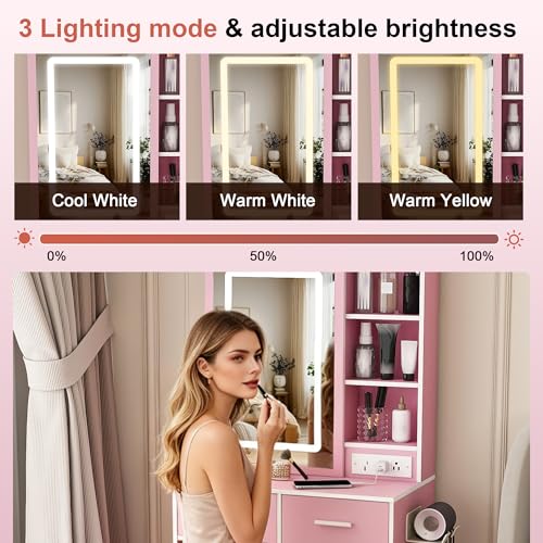 Small Makeup Vanity Desk with Lighted Mirror & Charging Station, Compact Vanity Set with Stool, Hair Dryer Holder, 2 Drawers & Storage Shelves, Space-Saving for Girls Bedroom (Pink) - color: Pink