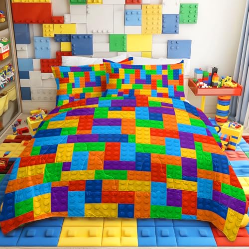 BlessLiving 3pc Comforter Set Colorful Toy Building Blocks Background Pattern Quilt Coverlet Bedspread King Size Fun and Colorful Bedding Sets with 2 Pillow Shams for Kids Teen Boys Girls - color: 13, size: King