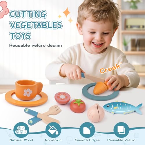 Wooden Play Kitchen Accessories, Pretend Play Food for Kids with Dishes