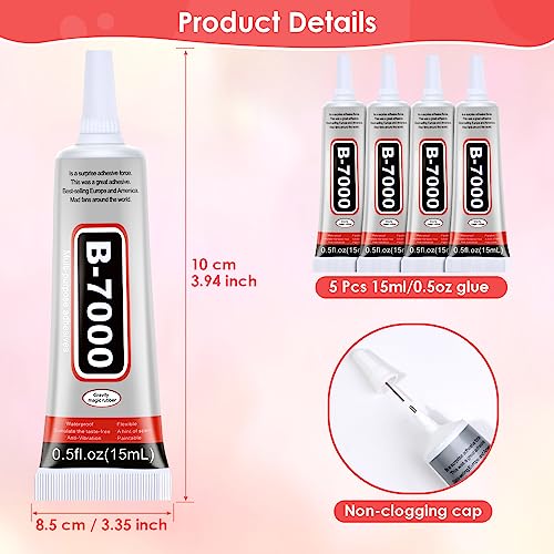 5 PCS 15 ML B7000 Super Glue, Transparent B-7000 Glue Rhinestone Gems Glue Flexible Adhesive for Crafts Jewelry Making Fabric Phone Repair Nail Art Glass Shoes Charms - style: 5 x 15ml