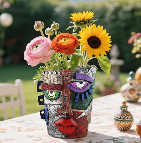 Picasso Abstract Resin Flower Pots Colorful Unique Face Planters Pots Head - color: Mayan Face