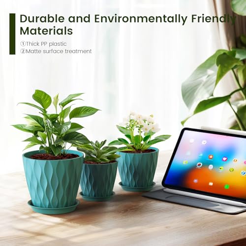 Meowell 7/6.5/6/5.5/5/4.5/4 inch Plant Pots for Indoor Outdoor Plants, 7 Pack Thick Flower Pots with Drainage Holes and Saucers, Modern Wave Texture Small Plastic Planters Nursery Pots, Blue Green - color: Blue Green, size: 7+6.5+6+5.5+5+4.5+4 inch 7 piec