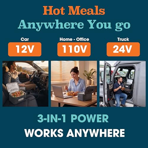 TRAVELISIMO Portable Microwave, Portable Food Warmer For Work & Home Use, Heated Lunch Box 12V/24V/110V, Mini Portable Oven 3-in-1 Food Heater, Electric Lunch Box, Calentador de Comida Portatil - color: Gray