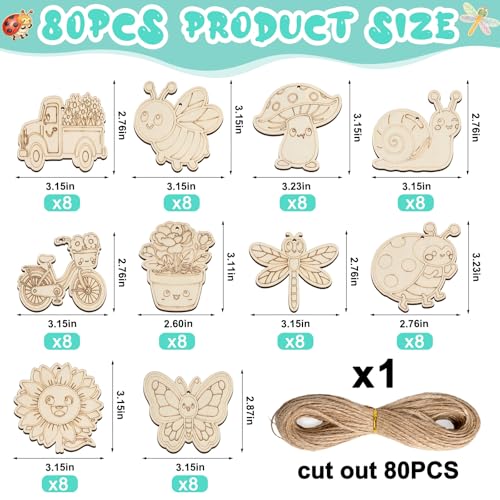 80PCS Unfinished Ornament Wood Crafts, Painting Blank Wooden Cutouts - color: Spring