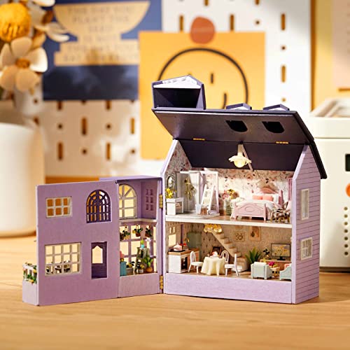 Spilay Dollhouse DIY Miniature Wooden Furniture Kit,Mini Handmade Doll House with LED,1:24 Scale Creative Woodcrafts for Adult Friend Lover Birthday Gift D32 - color: Happy House