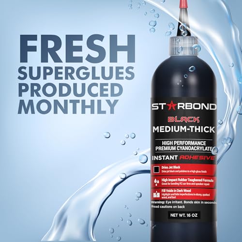 Starbond Black Medium-Thick CA Glue Complete Refill Kit (16 oz) – Rubber-Toughened, Impact-Resistant Cyanoacrylate Super Glue – for Knot Filling, Crack Repair, Woodworking, Guitar, Hobby & RC Projects - color: Black, size: 16 ounces