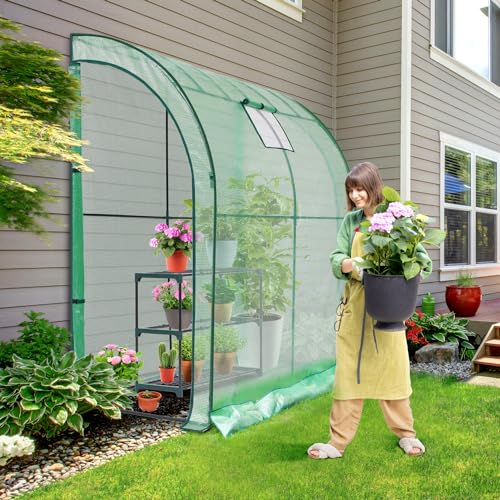 Lean-to Greenhouse with 3-Tier Shelves: Ohuhu Portable Walk-in Wall Mounted Green House with Mesh Windows, 79"x39"x83" Large Greenhouses with 2 Roll-Up Zipper Doors Reinforced Structure for Outdoors - color: Green, size: 6.6' x 3.3' x 7'