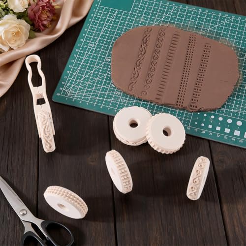 WADORN 6 Styles Pottery Texture Rollers with Handle, 6-Pattern 3D-Printed Clay Texture Roller Set Non-Stick Easy Clean Miniature Texture Rollers for Tabletop Polymer Clay Pottery Craft