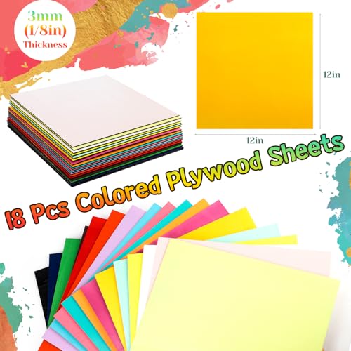 Geelin 18 Pcs 12 x 12 Inches Double-Sided Colored Plywood Sheets 1/8 Thin Craft Wood for Laser Cutting Engraving DIY Crafts Architectural Models Making (Multicolor) - color: Multicolor