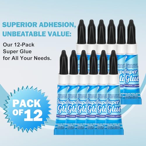 Super Glue Liquid Clear 3 Gram (Pack of 12) for Plastic Metal & Wood – Instant CA Adhesive All Purpose Multipack, Crazy Glue for Ceramic 3D Printing Shoe Crafts, Strong Bonding Single Use Minis - size: 12 x 3G