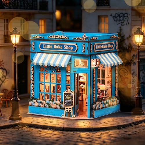 DIY Miniature Dollhouse Kit - 3D Wooden Puzzle for Adults, Illuminated Bakery Model Craft Kit with LED Light, Creative Diorama Room Decor & Hobby Gift,Little Bake Shop - color: Little Bake Shop