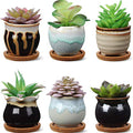 BBTO 6 Set Mini Succulent Pots with Drainage and Bamboo Tray 2.9 x 3.1in
