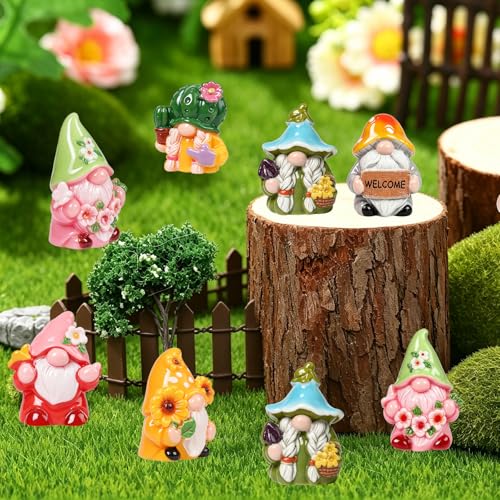60 Pcs Spring Mini Gnomes Figurines 6 Style Spring Miniature Resin Gnome Decorations with Sunflower Cactus Flowers for Fairy Garden Landscape Aquarium Tiered Tray Home Dollhouse Desk Decor - color: Spring