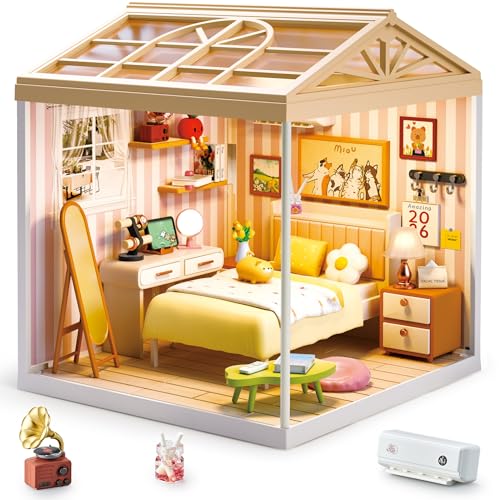 Cozy Bedroom DIY Miniature House Kit with Roof & LED Light, Stackable & Connectable Dollhouse Kit with Dustproof Door, Creative DIY Crafts Building Toy Gift for Adults Teens - color: Bedroom, size: Meduim
