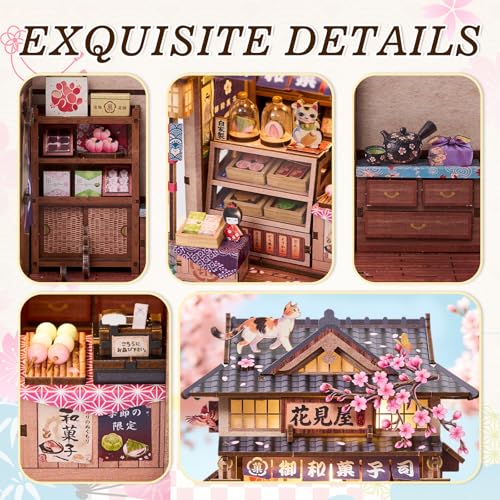DIY Miniature Dollhouse Kit, Japanese Wagashi Shop 3D Wooden Puzzle with LED Light, Cherry Blossoms & Furniture, Cozy Home Decor, Relaxing Craft Hobby for Adults,Hanamiya - color: Hanamiya