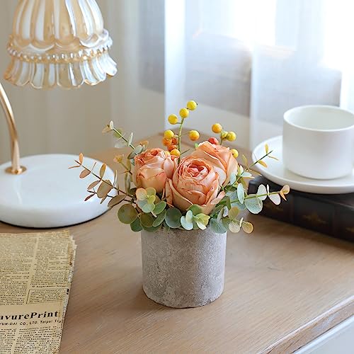 Artificial Burnt Orange Rose Potted Plant, Mini Faux Floral Decor - color: Burnt Orange