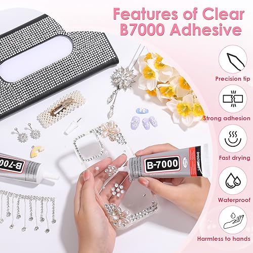 Jollidecor B-7000 Clear Fabric Glue, 2 PCS 50ML Rhinestone Jewelry Glue Super Strong Adhesive for All Purpose DIY Art Crafts Stone Beads Jewelry Repair - style: 2 x 50ml