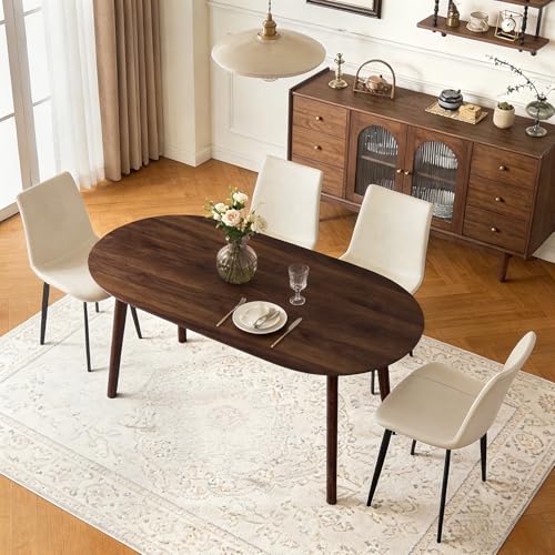 63" Oval Dining Table Set for 4 with Solid Wood Legs - color: Walnut Table Beige Chairs