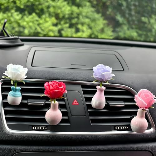 Set of 4 Cute Flower Bouquet Car Air Freshener Vent Clips, Mini Artificial Flowers for Car Air Vent Decoration, Auto Interior Dashboard Ornament Accessories (Rose) - color: Rose