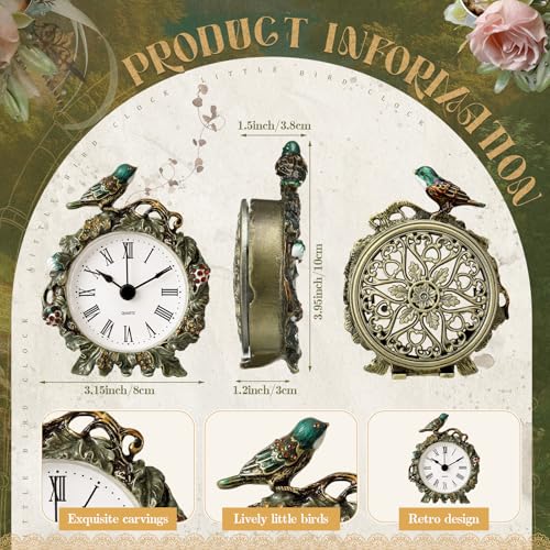 Kenning Vintage Mini Table Clock, 3.5 Inch Small Decorative Metal Non Ticking Analog Quartz Battery Operated Table Top Clock for Living Room Bedroom Bedside Desk Decor(Bird) - style: Bird