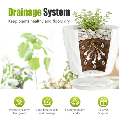 8 Inch Plastic Plant Pots,Set of 5 Flower Pots,Planters with Drainage Holes & Saucers, Indoor Outdoor Garden Pots for Home Decor(White) - color: White