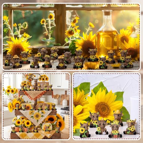 Yaomiao 60 Pcs Mini Fall Highland Cow Figurines Mini Sunflower Resin Cow - style: Sunflower