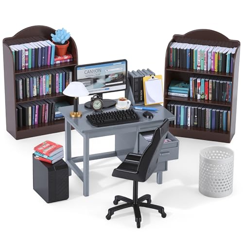 1:12 Scale Mini Desk Set with 100 Mini Books & 2 Bookshelves — Miniature Dollhouse Furniture Set with Office Chair, Computer & 15+ Accessories — Mini Desk Accessories for Doll House Diorama - color: Vintage Brown