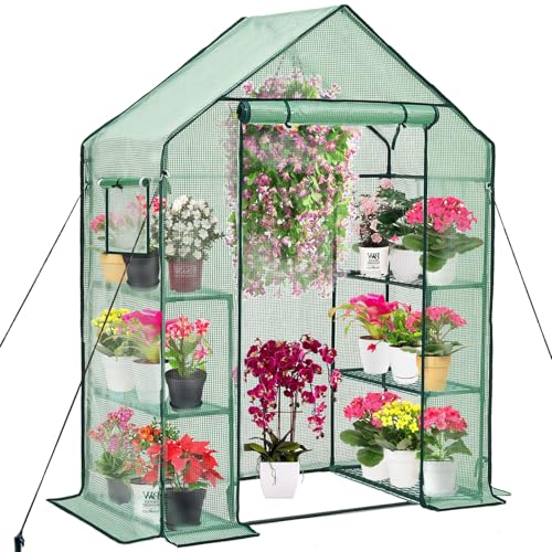 Purlyu Walk-in Greenhouse for Outdoors w/ Mesh Side Windows, 3 Tiers 6 Shelves PE Cover Green House Portable Warm House for Seedling Flowers Growing 20 Pcs T-Type Plant Tags Include (GHW001G) - style: 6 shelf PE(Green)