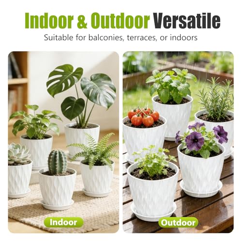 8 Inch Plastic Plant Pots,Set of 5 Flower Pots,Planters with Drainage Holes & Saucers, Indoor Outdoor Garden Pots for Home Decor(White) - color: White
