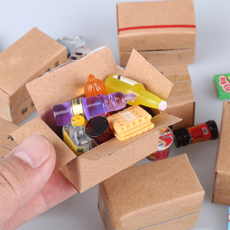 5Pcs Random Creative Small Mini Express Box + Mini Bottles Creative Micro Bottle Mini Express Food Surprise Resin Ornament Mini Express Box Beverage Bottle Gift