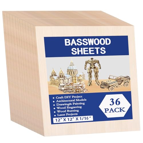 36 Pack Basswood Sheets for Crafts 12x12x1/16 Inch, 1.5mm Thick Unfinished Balsa Wood Sheet for Laser Cutting & Engraving, DIY Ornaments and Architectural - size: 12x12x1/16