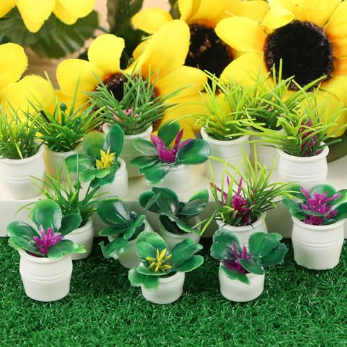 16pcs Miniature Garden Plant Set White Potted Plants Tiny Flower Vase Bouquet Fairy Accessories Mini Artificial Plant Pots Floral Figurines