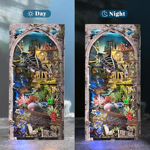 fifijoy Book Nook Kit - DIY Miniature Dollhouse for Adults and Teens, Creative Bookshelf Decor 3D Wooden Puzzle Bookend with LED Light, Unique Gift for Family and Friends (Lost City of Atlantis) - color: Lost City of Atlantis